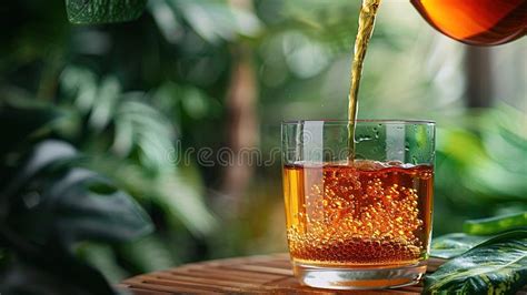 Glass Cup Of Tea On Wooden Table And Blurred Nature Background Stock