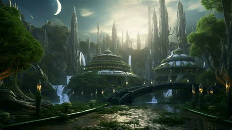 A futuristic elven castle in a magical forest 30656994 Stock Photo at Vecteezy