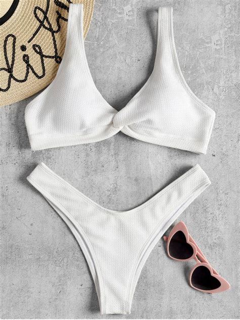 Low Rise Textured Twist Bikini Set White L Swimwear Model Swimwear