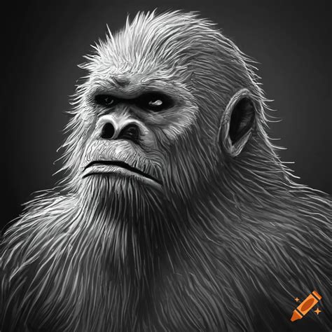 Detailed Black And White Close Up Sketch Of Bigfoot With A Conehead On