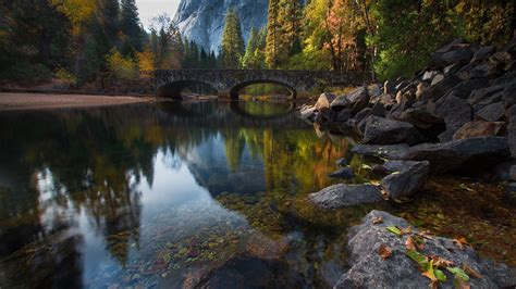 Forest Nature Landscape Bridge Rocks Reflection Trees Mountains