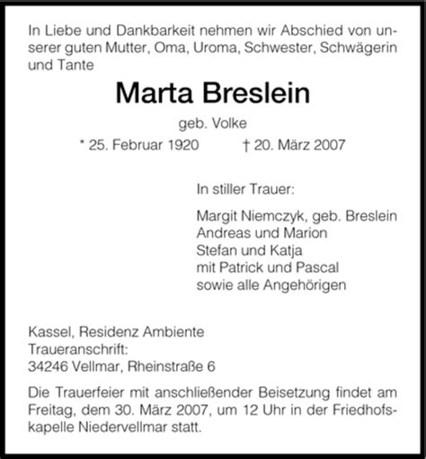 Traueranzeigen Von Marta Breslein Trauer HNA De