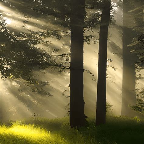 Foggy Weather Sparking Sunlight in Big Trees · Creative Fabrica