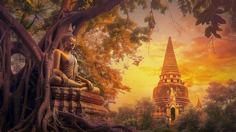 A Serene View Of The Maha Bodhi Temple In Bodh Gaya Premium Ai