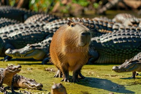 capybara  crocodiles   riverai generative stock photo