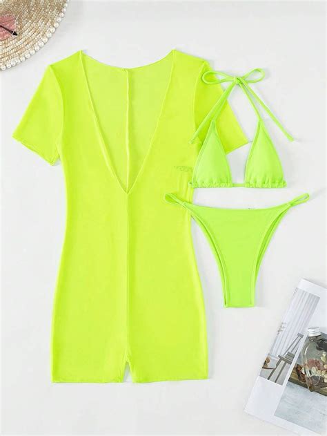 Conjunto de bikini de triángulo Halter Neón con cubierta de traje de baño para verano en la