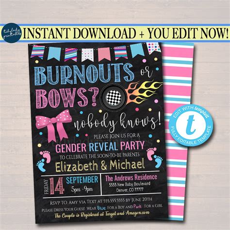 Burnouts or Bows Gender Reveal Invite | TidyLady Printables