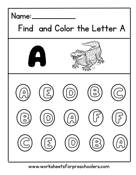 Preschool Find And Color Letter A Activity Worksheet Alligator