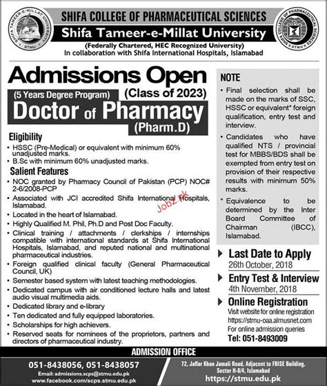 Shifa Tameer E Millat University Admission In Pharm D 2020 Private