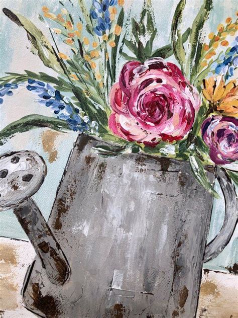 Watering Can Floral Painting Original Art Floral Planter Flower