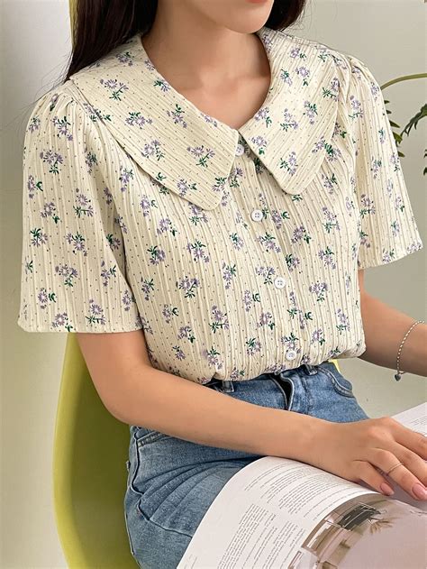 Apricot Cute Short Sleeve Polyester Ditsy Floral Shirt Embellished