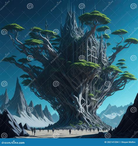 Alien World Tree Fortress Of Roots And Branches Futuristic Fantasy Sci