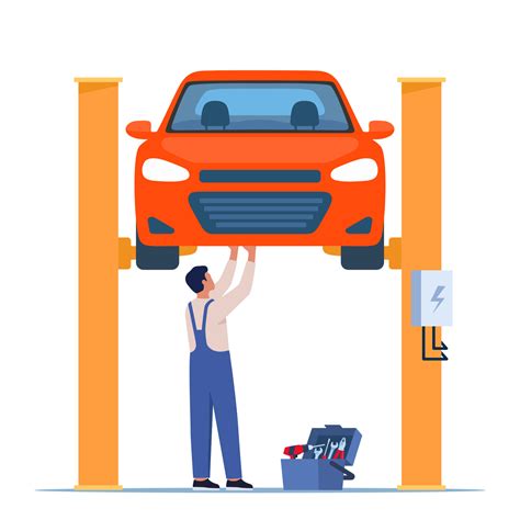 Car Repair Auto Mechanic Near The Car Lifted On Autolifts Car Service