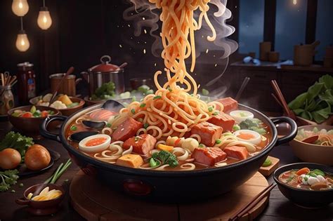 Premium AI Image Noodles Spicy Boil With Seafood Shrimp Vegetable Food And Pork In Hot Pot