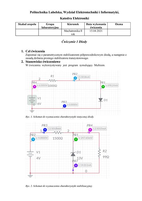 Sprawozdanie Podstawy elektroniki Cw 1 Politechnika Lubelska Wydział