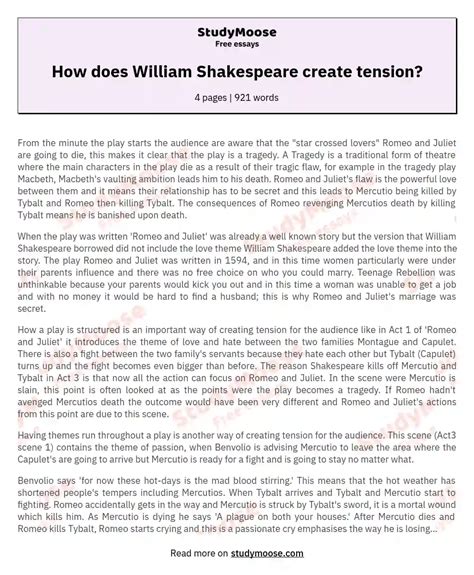 How Does William Shakespeare Create Tension Free Essay Example