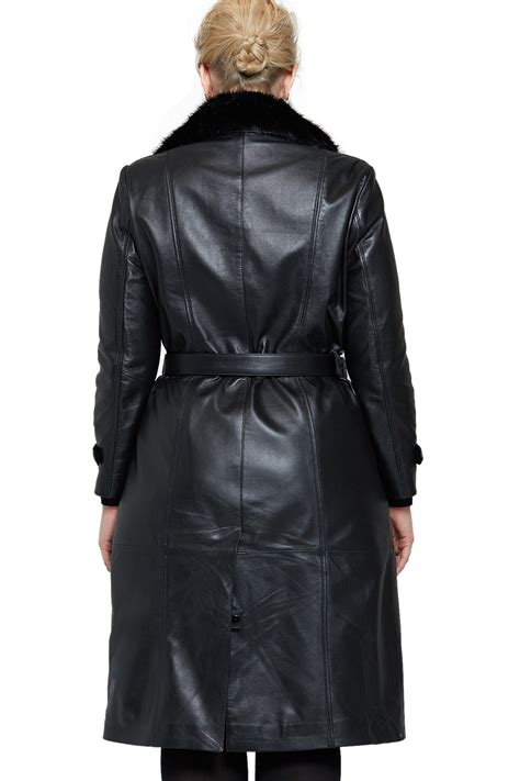 Kendall Jenner Womens 100 Real Black Leather Trench Fur Collar Coat