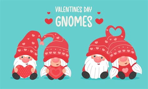 Happy Valentines Day Cartoon Gnomes Couples Give Each Other A Red Heart On Valentines Day