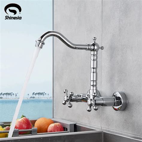 Chrome Polish Kitchen Faucet Wall Mount Dual Handle Hot And Cold Water Kitchen Sink Faucet Mixer