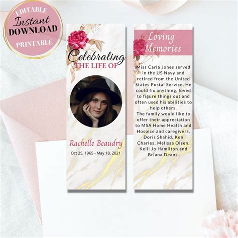 Pink Obituary Bookmark Printable Bookmark Funeral Program Etsy