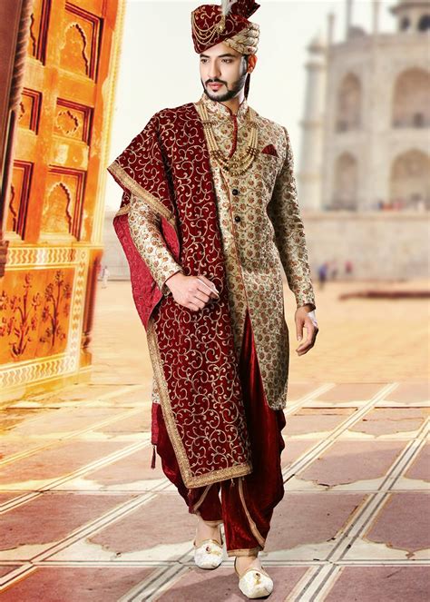 Beige Readymade Embroidered Groom Sherwani Latest 740MW12