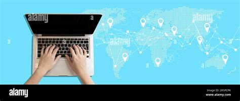 Laptop and global world map banner background. Computer network and ...