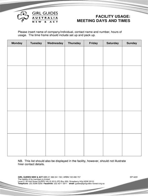 Fillable Online Girlguides Nswact Org FACILITY USAGE Fax Email Print