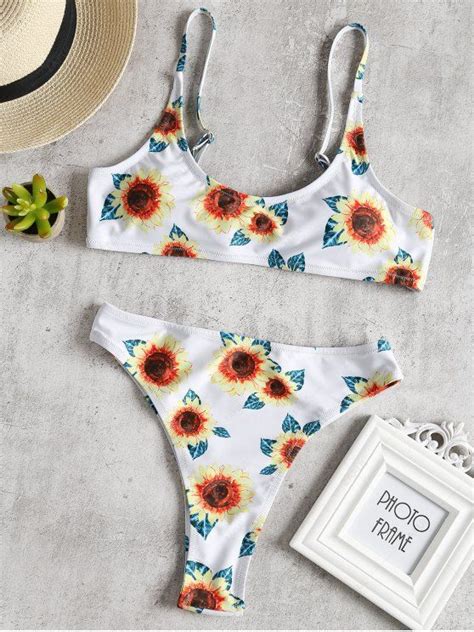 OFF High Cut Sunflower Print Knot Bikini In WHITE ZAFUL