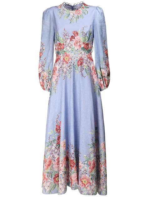 Zimmermann Bellitude Floral Print Linen Midi Dress In Blue Lyst