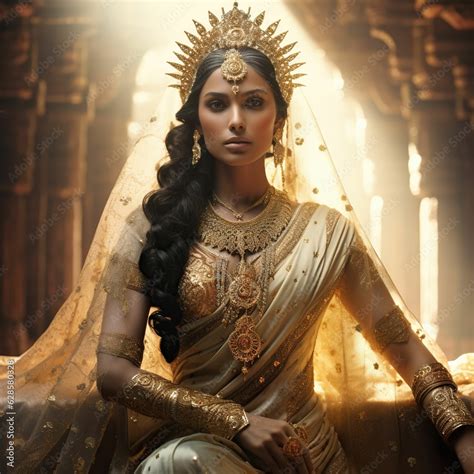 beautiful indian princess wearing  traditional dress  ornate gold
