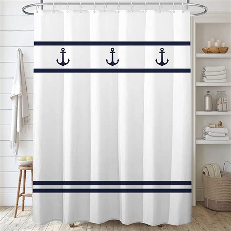 Navy Anchor Shower Curtain Sets For Bathroom Blue White Striped Shower