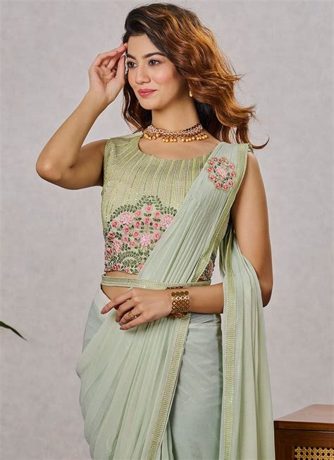 Green Faux Georgette Shimmer Sarees SASCTBLISS1063