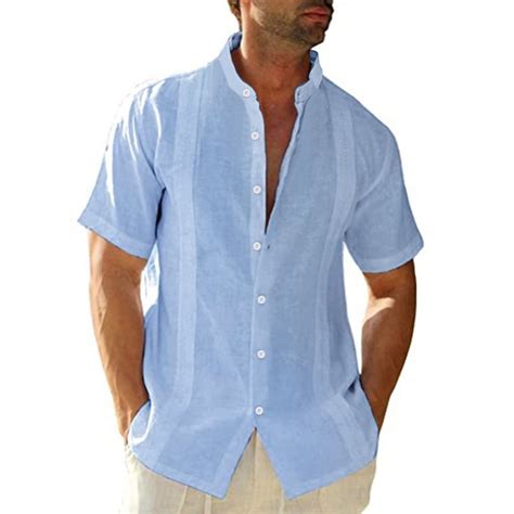 Caitzr Mens Short Sleeve Cuban Camp Guayabera Shirt Linen Cotton Hippie