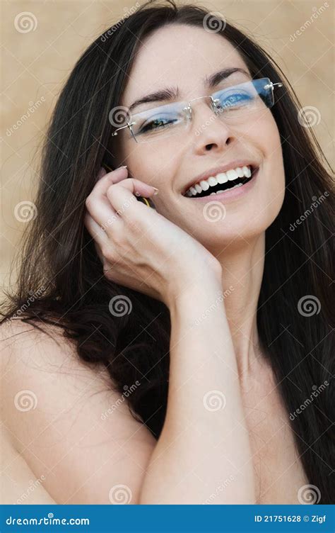 Naked Brunette Glasses Phone Stock Photo Image Of Elegant Cellular