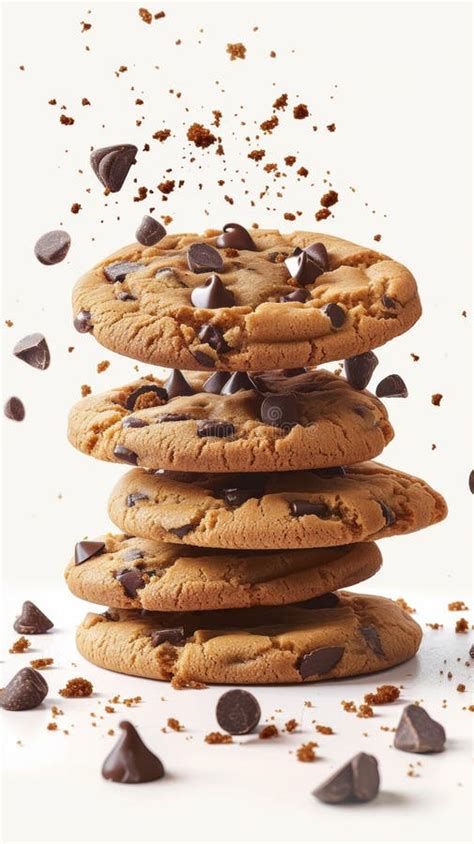 Stack Of Chocolate Chip Cookies With Falling Chocolate Chips Dessert