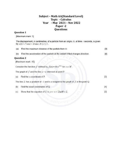 Topic Wise Ibdp Math Aa Sl Past Paper 2 Calculus Sat Prep