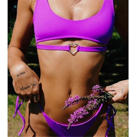 Mujer Sexy Scoop Neck Straps Cutout High Cut Tanga 2pcs Bikini Sets Traje de baño Triángulo