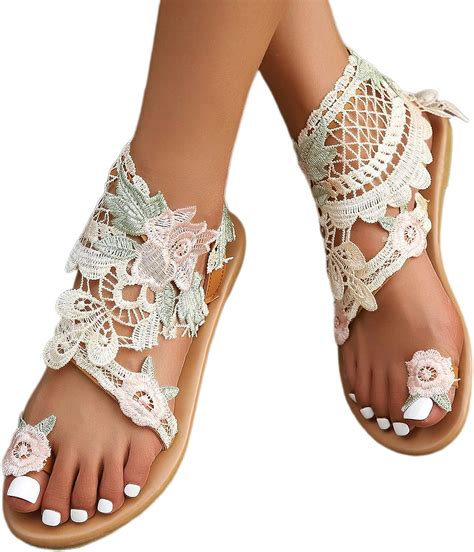 Damen Riemchen Flache Sandalen B Hmen Strandsandalen Elegante Lace