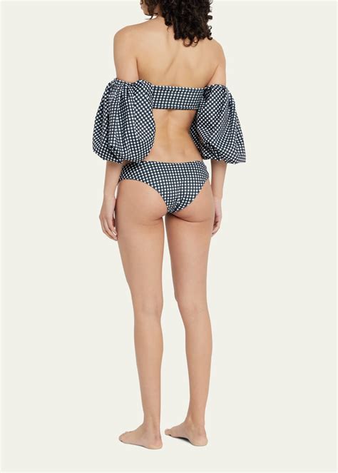 Caroline Constas Gingham Nova Puff Sleeve Bikini Top Bergdorf Goodman