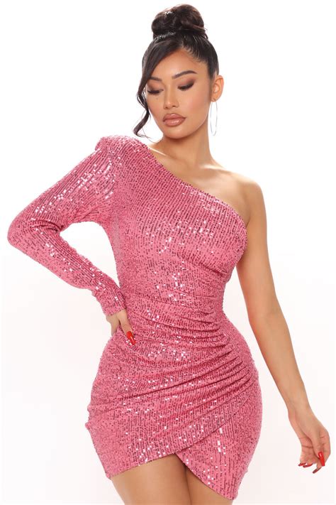 First Strike One Shoulder Sequin Dress Hot Pink Fashion Nova