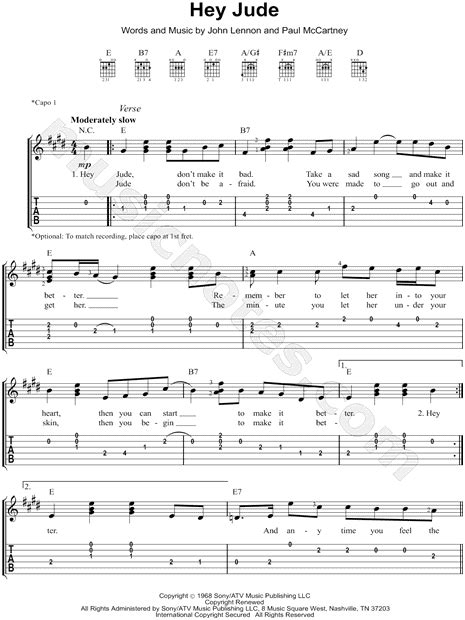 The Beatles Hey Jude Guitar Tab In E Major Download And Print Sku