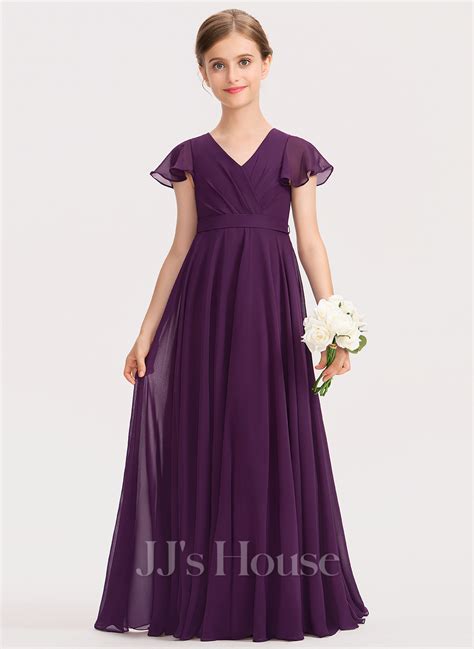 A Line V Neck Floor Length Chiffon Junior Bridesmaid Dress With Bow S