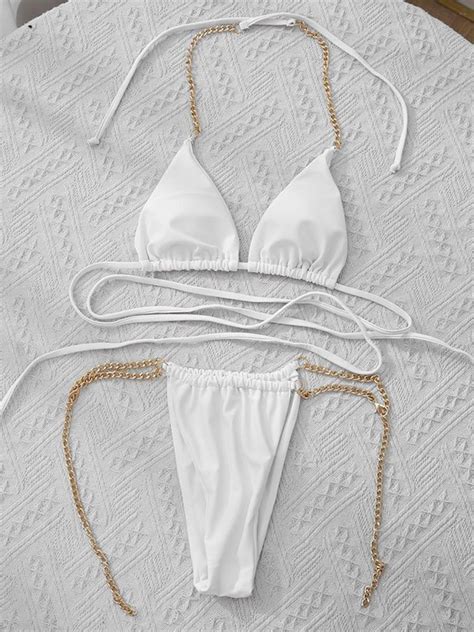 Emmiol Free Shipping Chain Embellished Halter Bikini Set White M