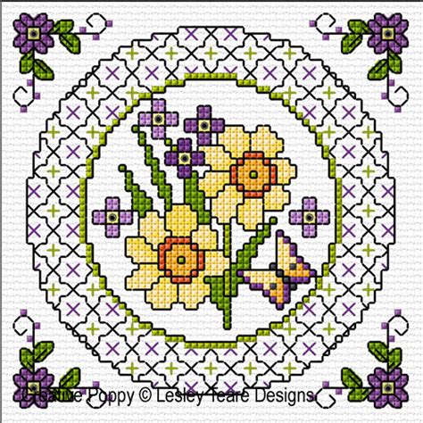 Lesley Teare Designs Blackwork With Spring Flowers Cross Stitch Pattern