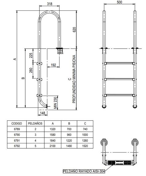 Escalera piscina MURO peldaños AISI 304