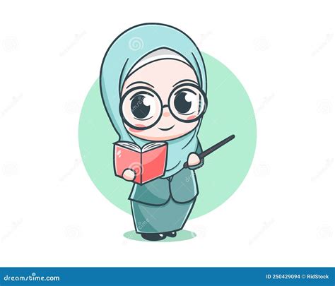 Cute Female Muslim Teacher Cartoon Character Stock Vector