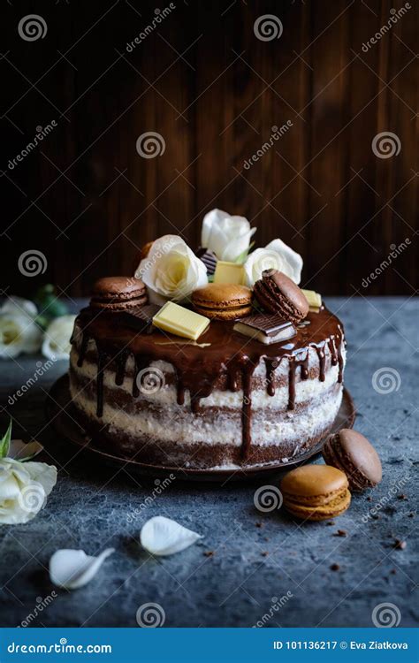 Naked Cake Filled With Mascarpone Cream Topped With Chocolate And