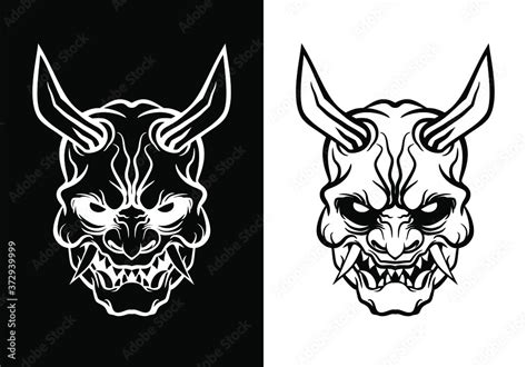 Black and White Oni Mask - Oni Mask Drawing. Japanese demon mask ...