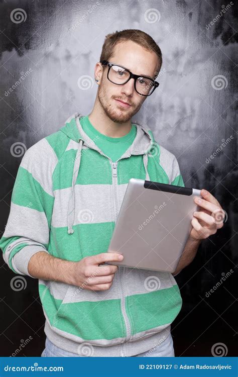 Good Looking Smart Nerd Man With Tablet Computer Stock Image Image Of