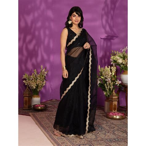 Buy Gajra Gang Vintage Rani Black Gold Scallop Lace Organza Saree